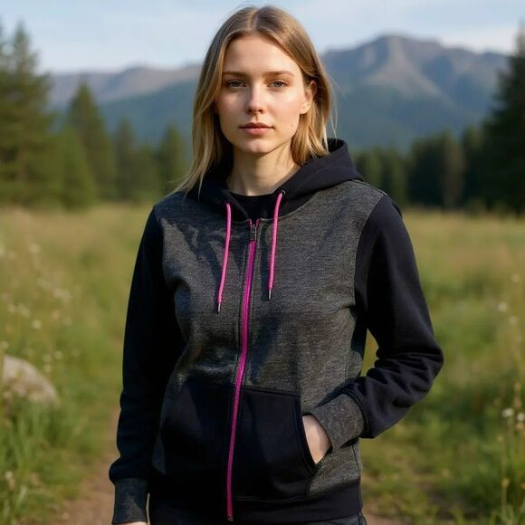 FOX Hoodie S Black Gray Contrast Sleeve Pink Full Zipper Front Kangaroo Pockets - Picture 2 of 11